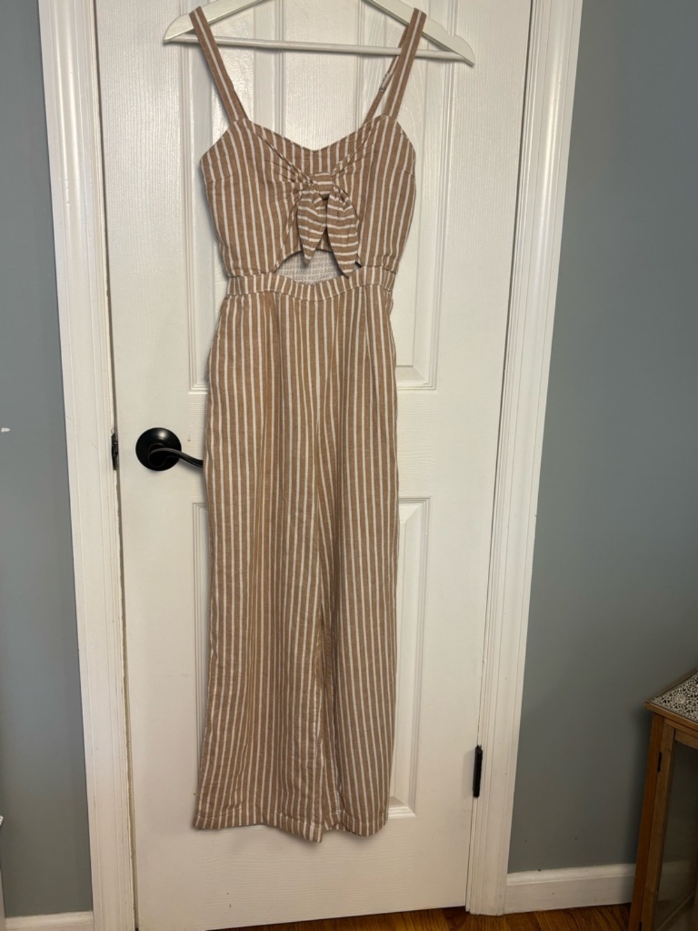 Abercrombie & Fitch Tan and White Striped Tie-Front Jumpsuit